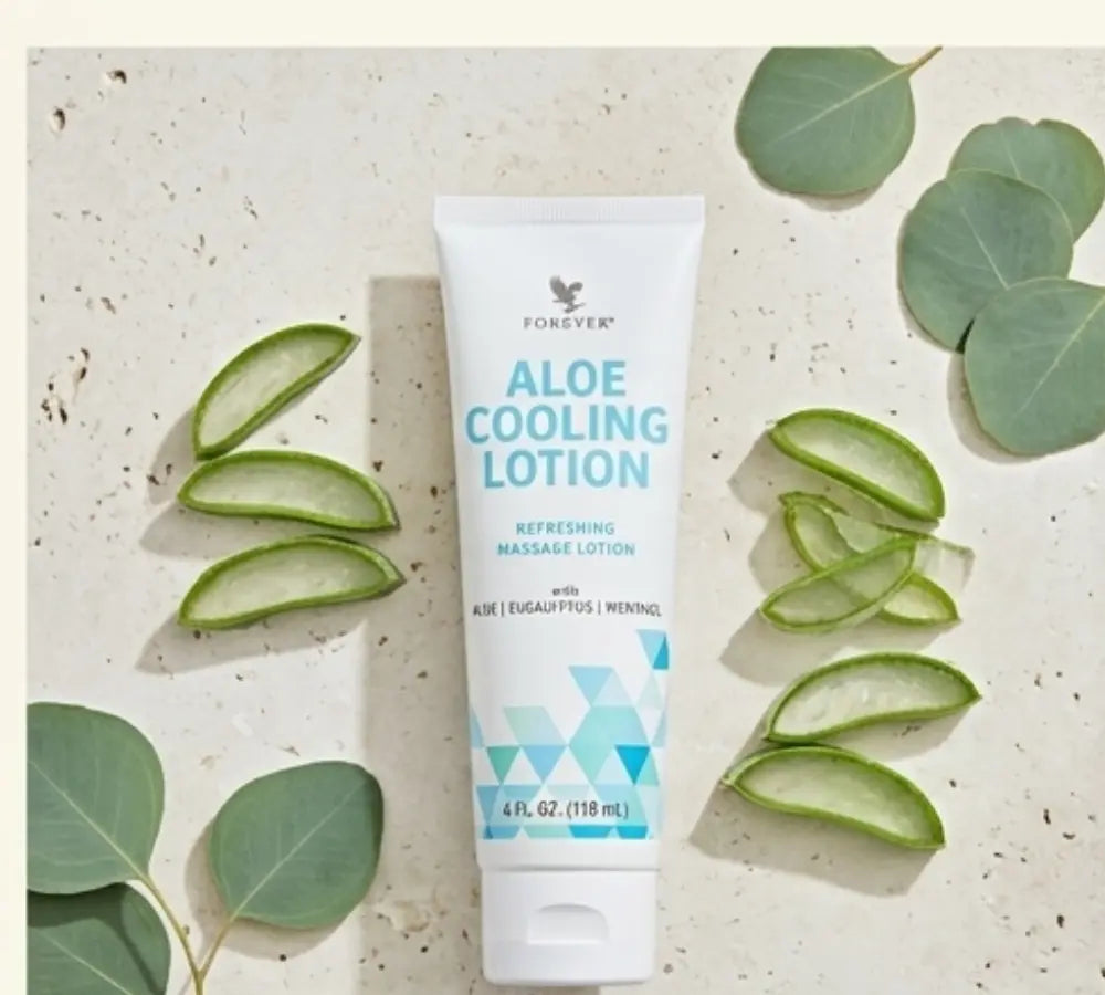 Aloe Cooling Lotion 4 fl oz tube with blue and white cooling-themed branding.