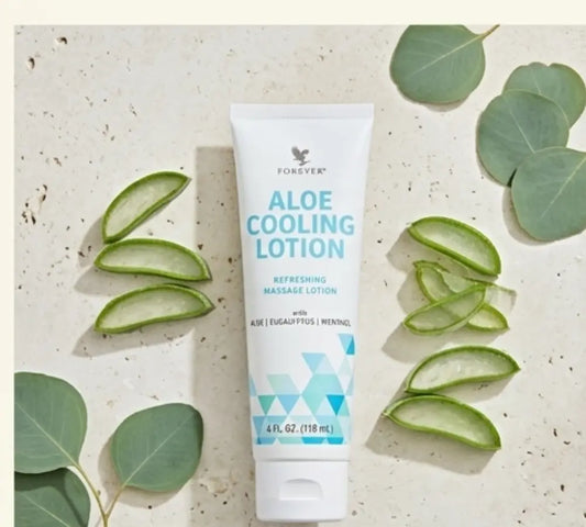 Aloe Cooling Lotion 4 fl oz tube with blue and white cooling-themed branding.