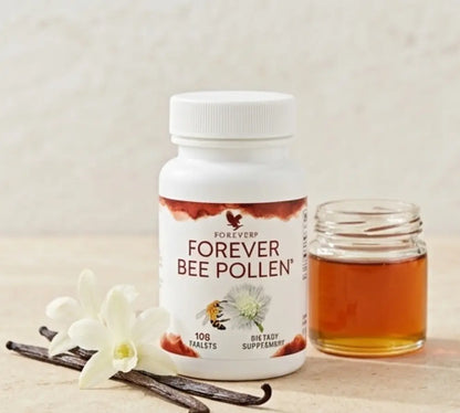 Forever Bee Pollen 100-tablet bottle with hive-inspired branding.