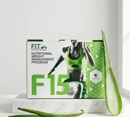 F15 Nutritional Program box with all contents: Aloe Vera Gel, Lite Ultra, and supplements