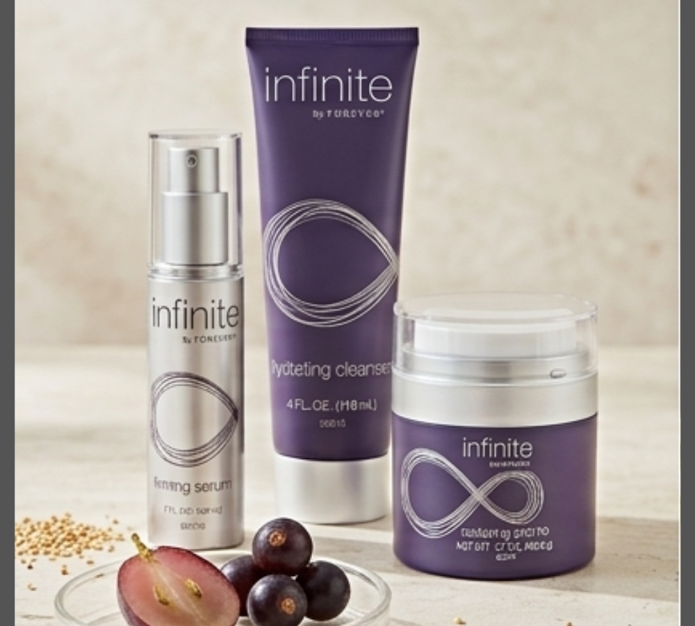 Hydrating Cleanser and Firming Serum bottles for anti-aging routine.