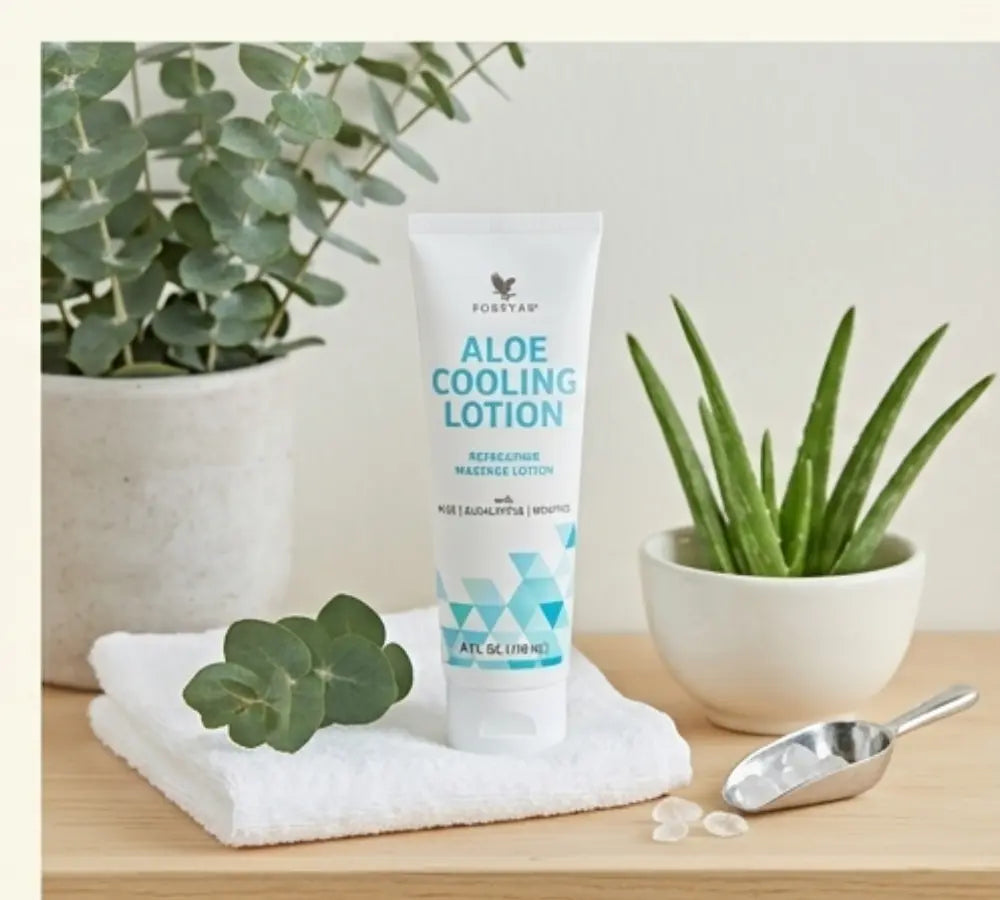 Model massaging the cooling lotion into shoulders for tension relief.