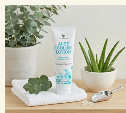 Model massaging the cooling lotion into shoulders for tension relief.
