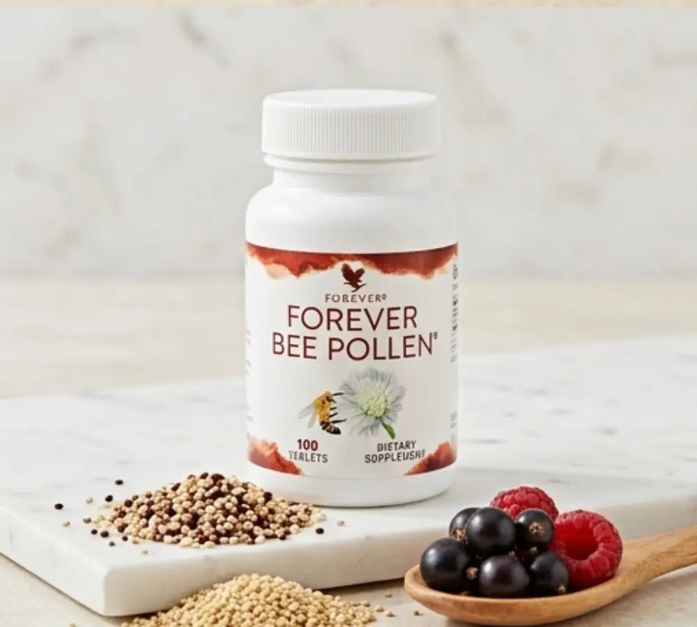 Graphic showing "Proteins, Amino Acids, and Vitamins" found in Bee Pollen.