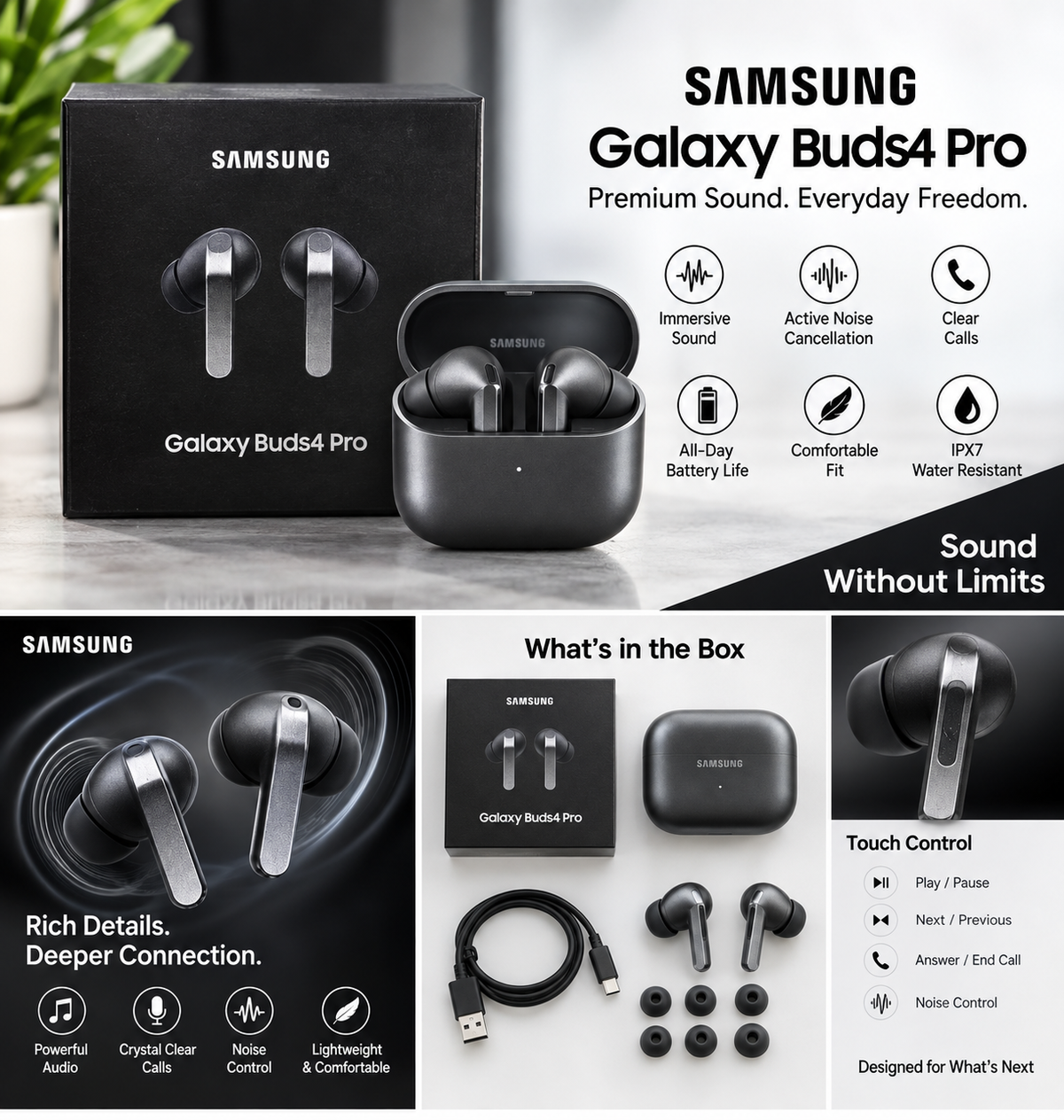 Samsung Galaxy Buds4 Pro Wireless Bluetooth Earbuds with Charging Case