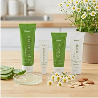 A person applying the cooling gel lather to a damp face for a refreshing cleanse.